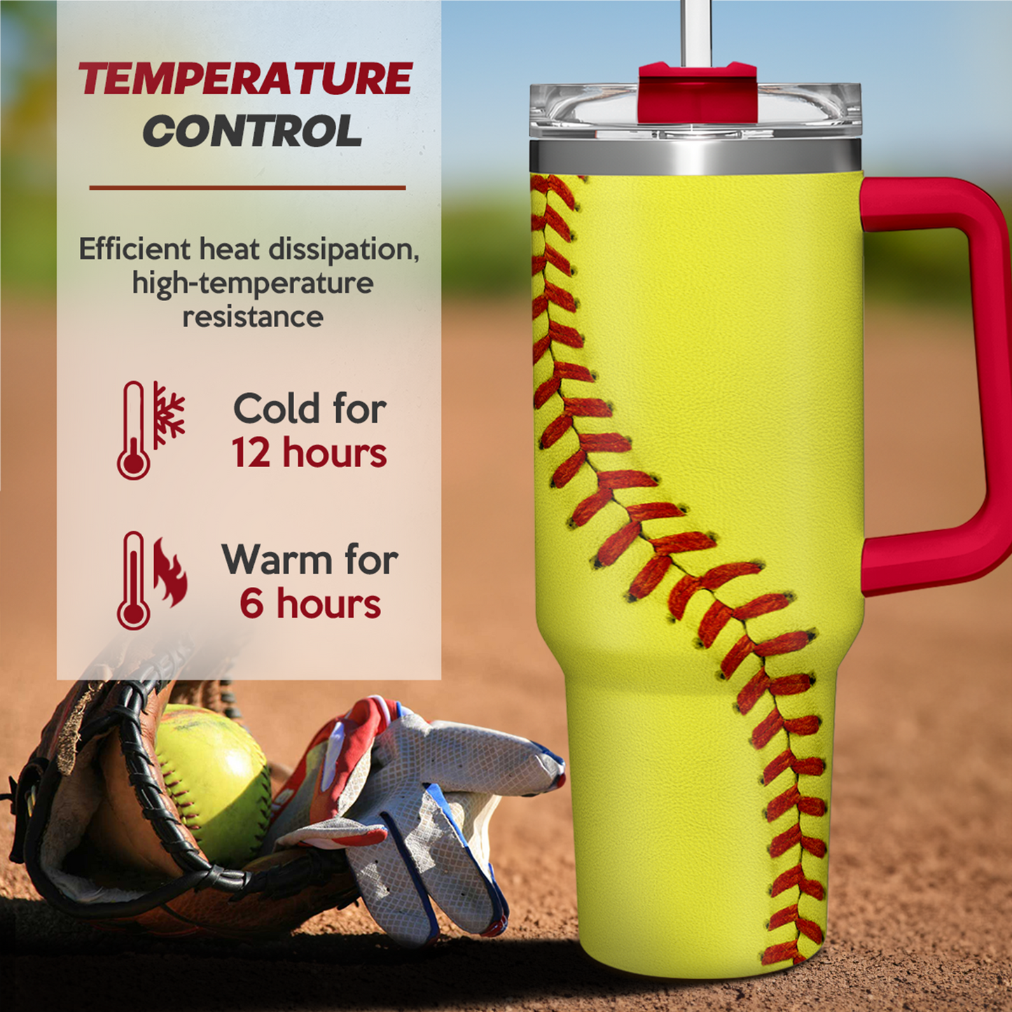 Yellow softball tumbler with red handle, clear lid, and red baseball seam graphics