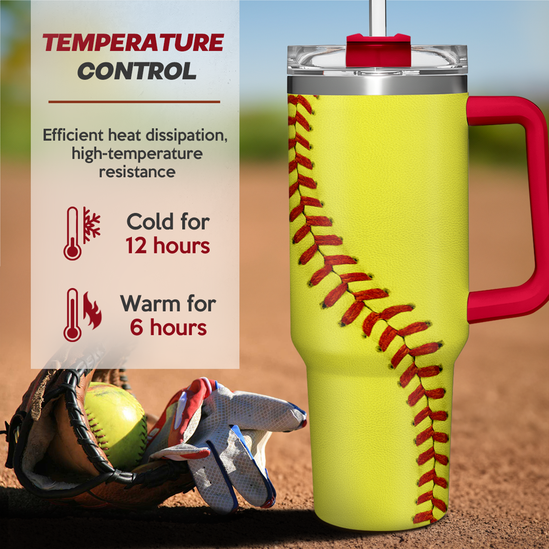 Yellow softball tumbler with red handle, clear lid, and red baseball seam graphics