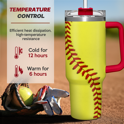 Yellow softball tumbler with red handle, clear lid, and red baseball seam graphics