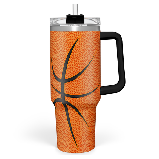 40oz orange basketball-themed insulated tumbler with black handle and lid