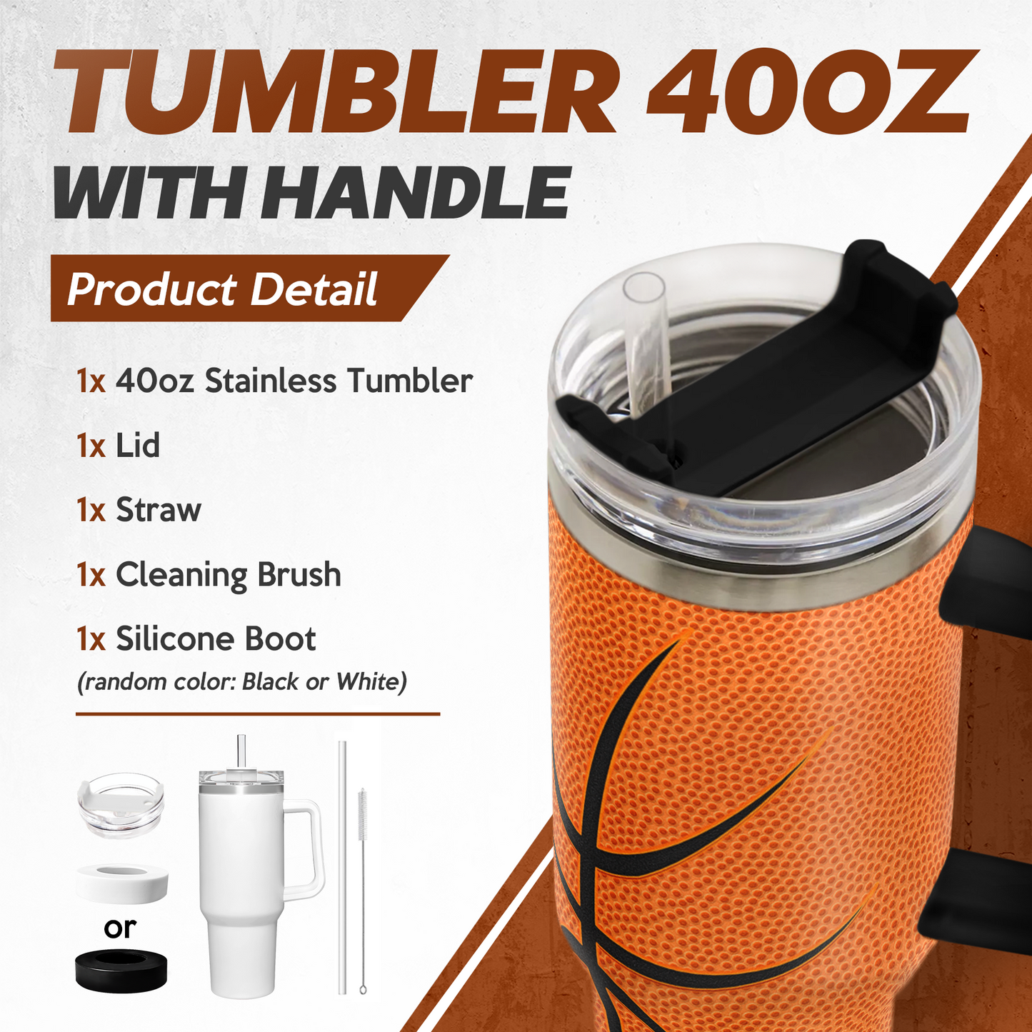 Orange 40oz tumbler with handle, clear lid, and basketball graphic