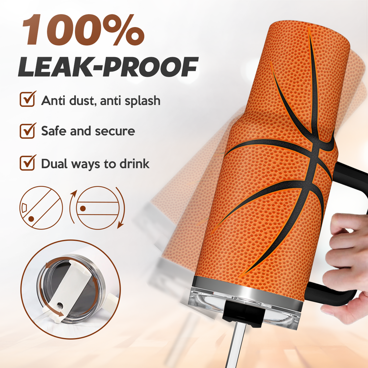 Orange basketball tumbler with black handle and leak-proof lid