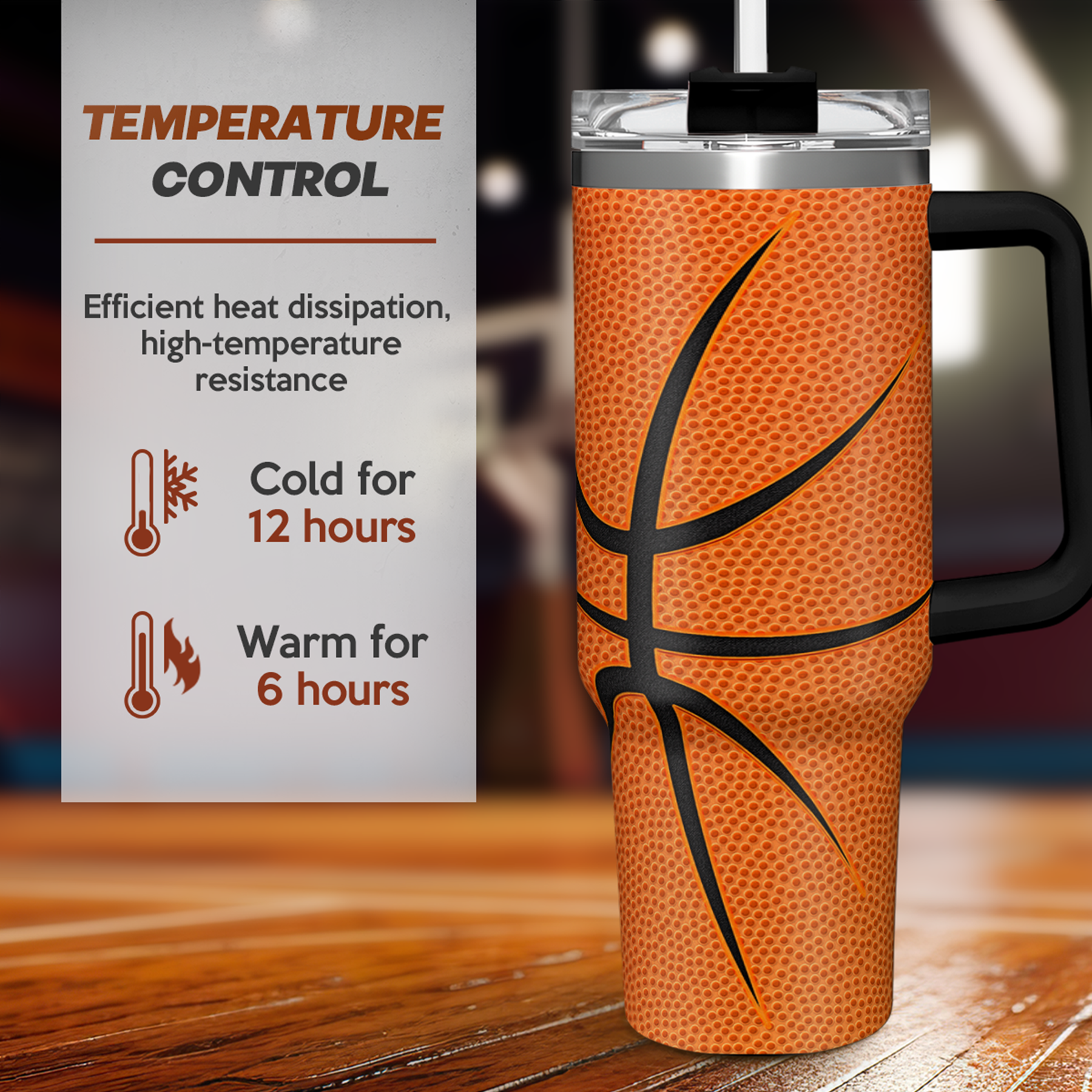 Orange basketball tumbler with black handle and temperature control insulation