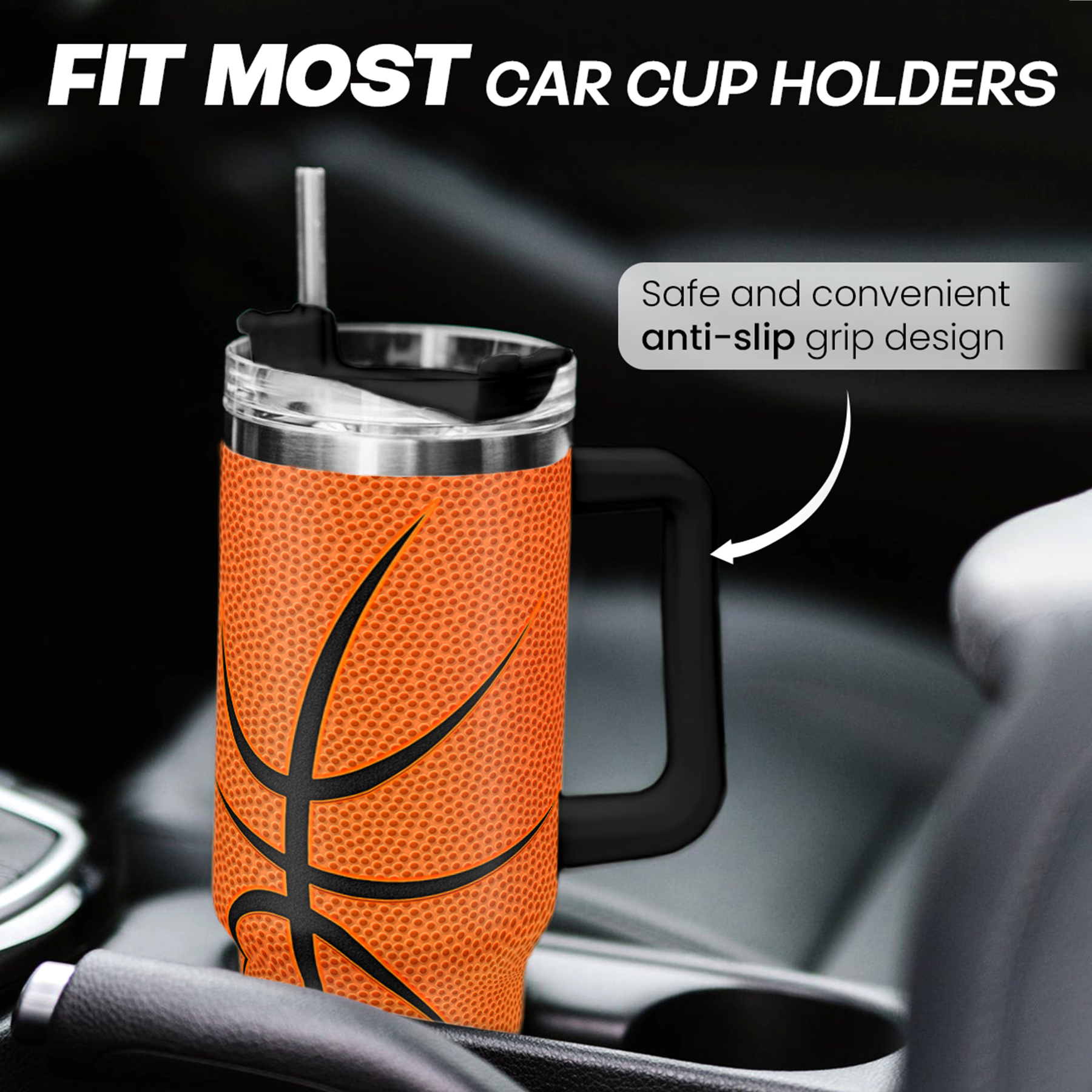 Orange 40oz basketball tumbler with black handle for car cup holders