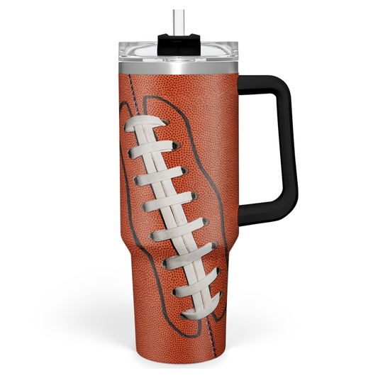 40oz brown football-themed tumbler with handle, black lid and football lacing graphic