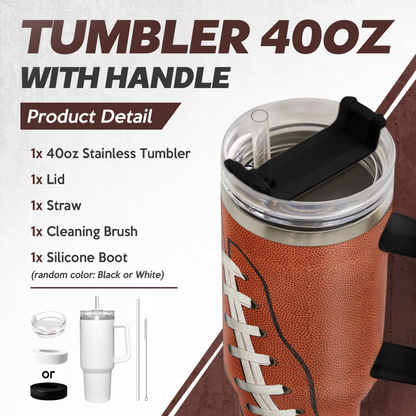 Brown football Quencher tumbler with handle, clear lid top and white lacing design