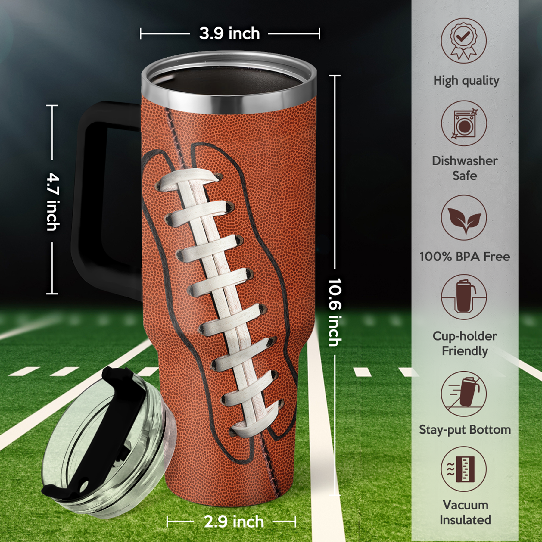 Brown football tumbler with handle, black lid, stainless rim and white lace pattern