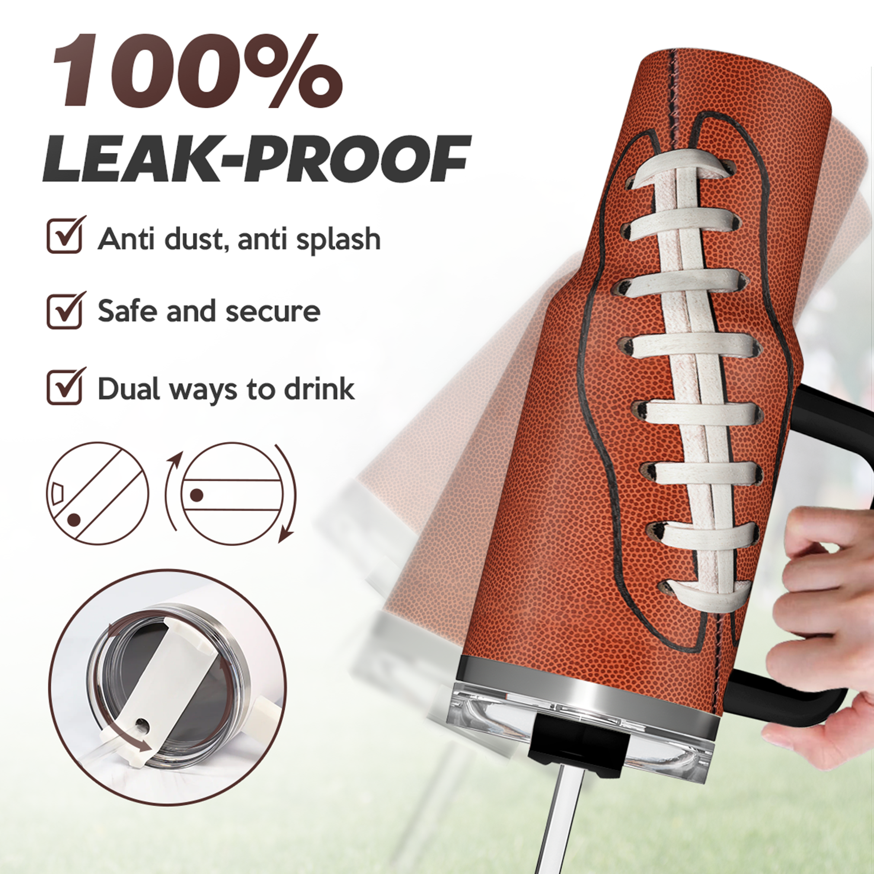 Brown football tumbler with handle, black lid and white lacing design