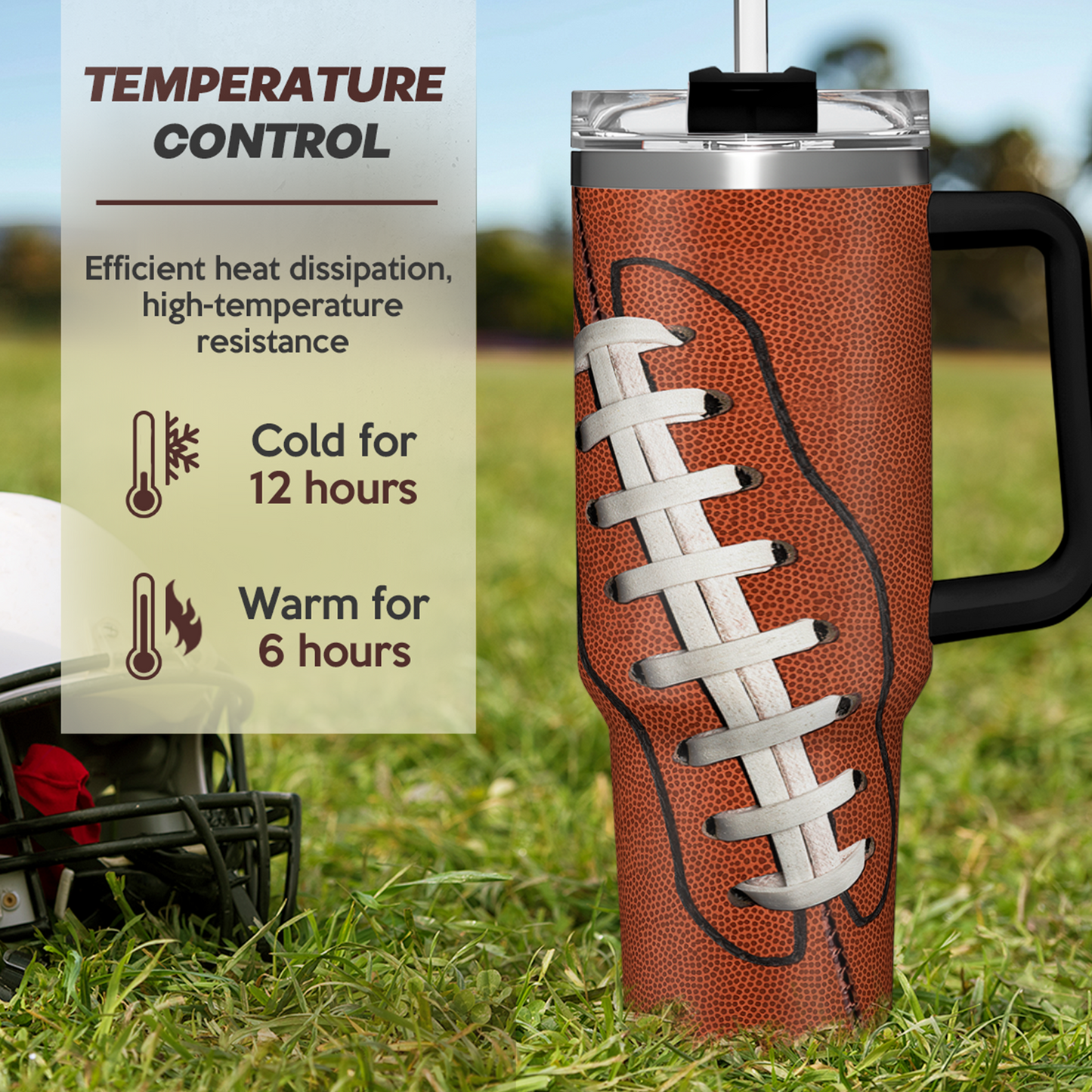 Brown football-themed 40oz tumbler with handle, black lid and white lacing graphic