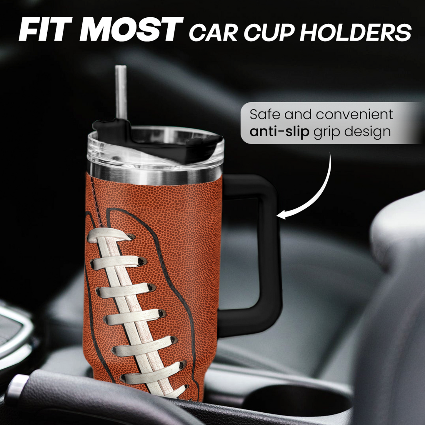 Brown football tumbler with handle, clear lid and black straw cover