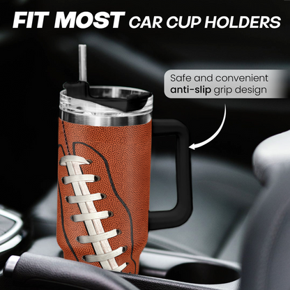 Brown football tumbler with handle, clear lid and black straw cover