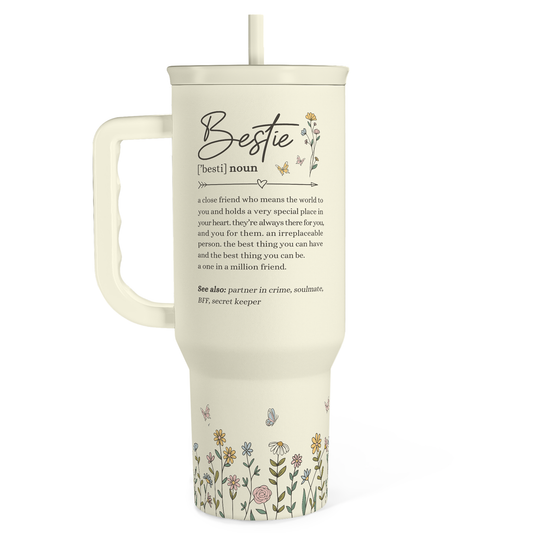 Beige 40oz tumbler with handle, straw and floral design on the lid and cup