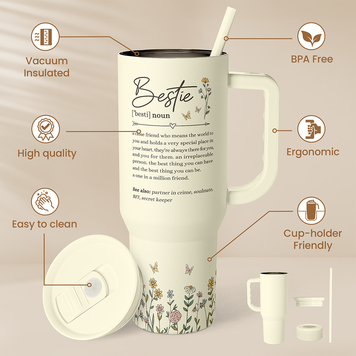Beige 40oz tumbler with handle, straw, floral print, and a sliding lid opening
