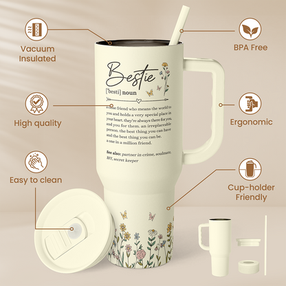 Beige 40oz tumbler with handle, straw, floral print, and a sliding lid opening