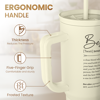 Beige tumbler with ergonomic handle, five-finger grip and frosted texture