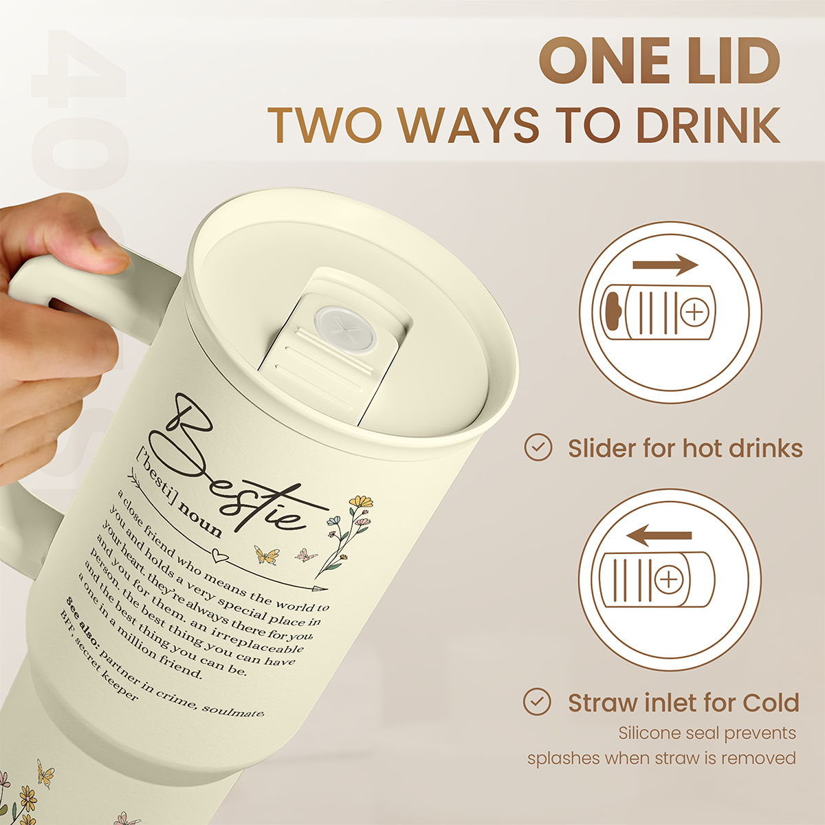 Beige 40oz tumbler lid with slider for hot drinks and straw inlet for cold drinks