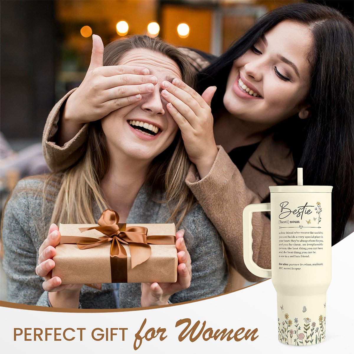 Beige 40oz tumbler with handle and straw; gift-holding person beside it