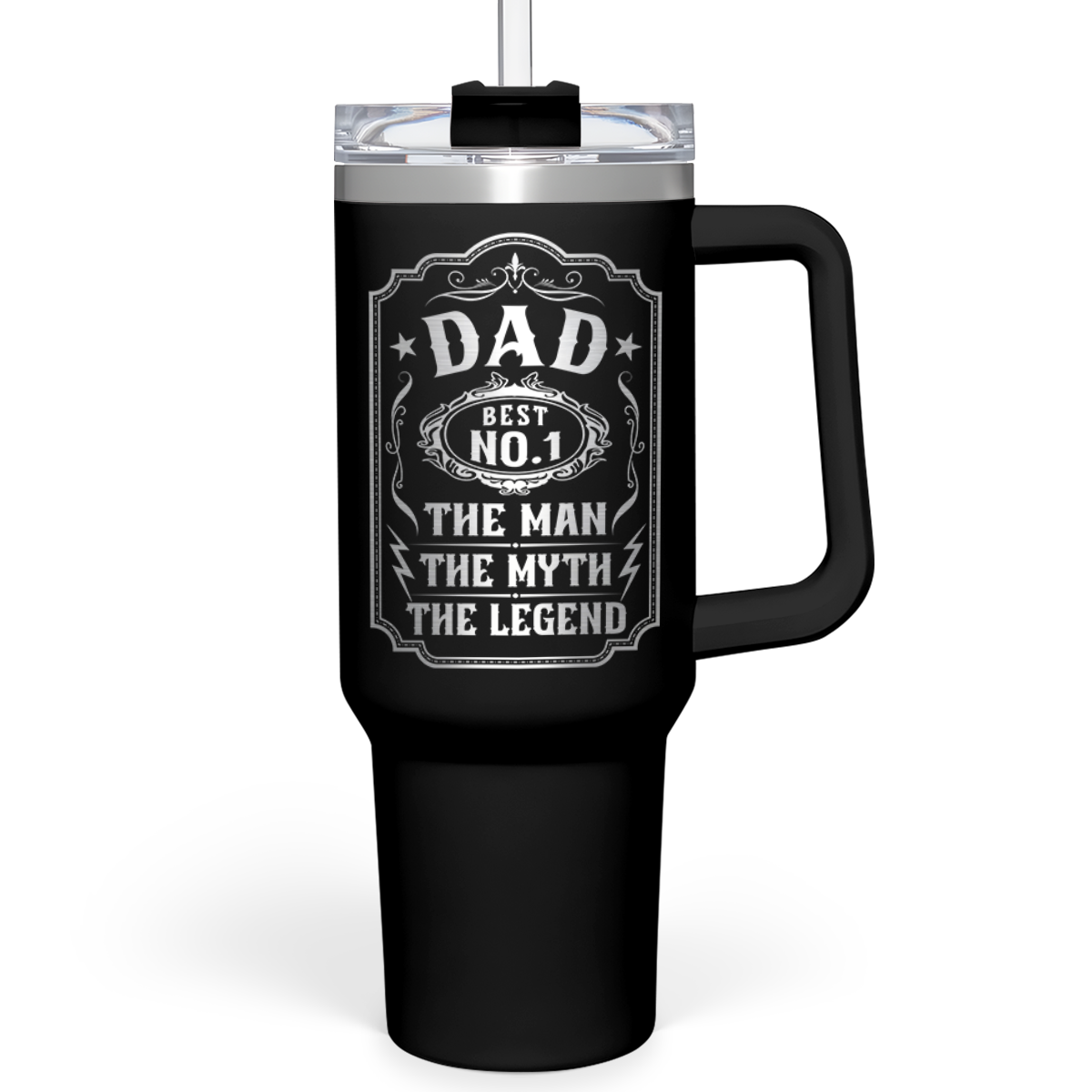 Black 40oz tumbler with handle and lid featuring a white Dad graphic