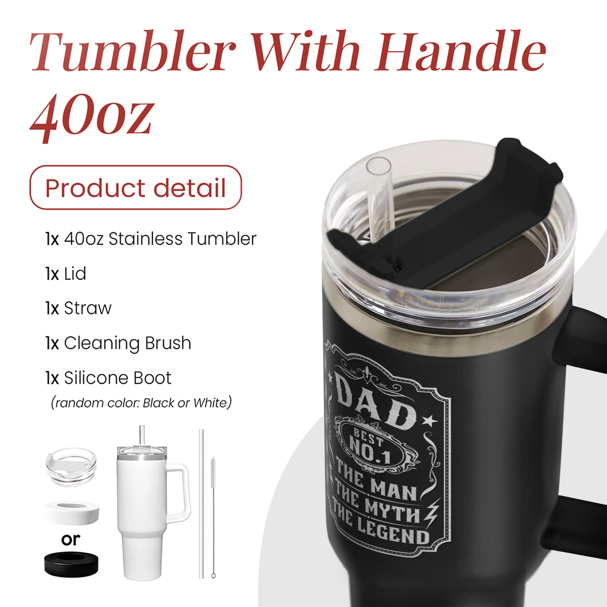 Black 40oz tumbler with handle, clear lid, and straw; Dad design on front