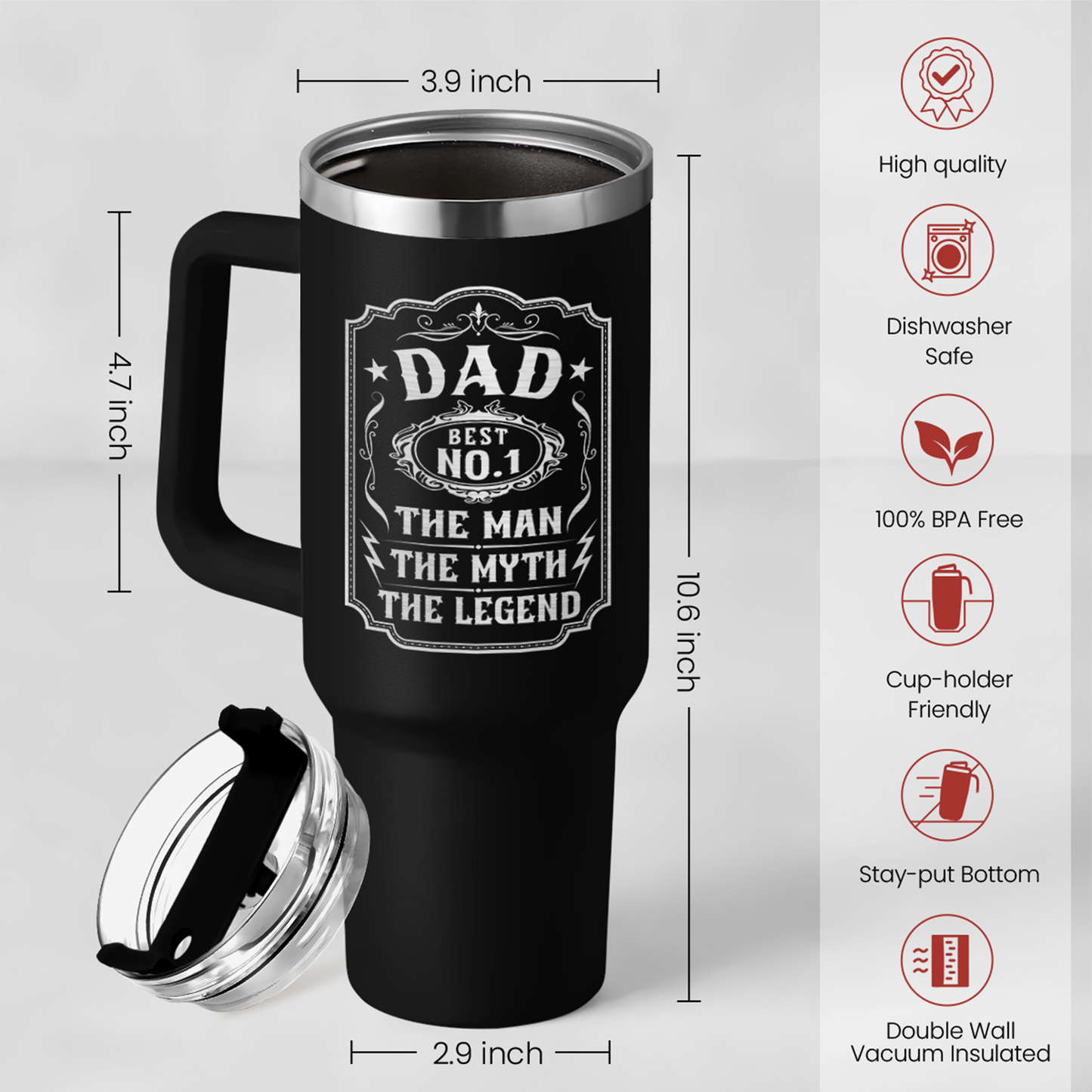 Black 40oz tumbler with handle and clear lid; white Dad logo on front