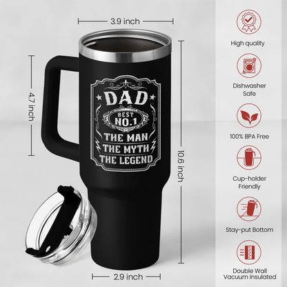 Black 40oz tumbler with handle and clear lid; white Dad logo on front