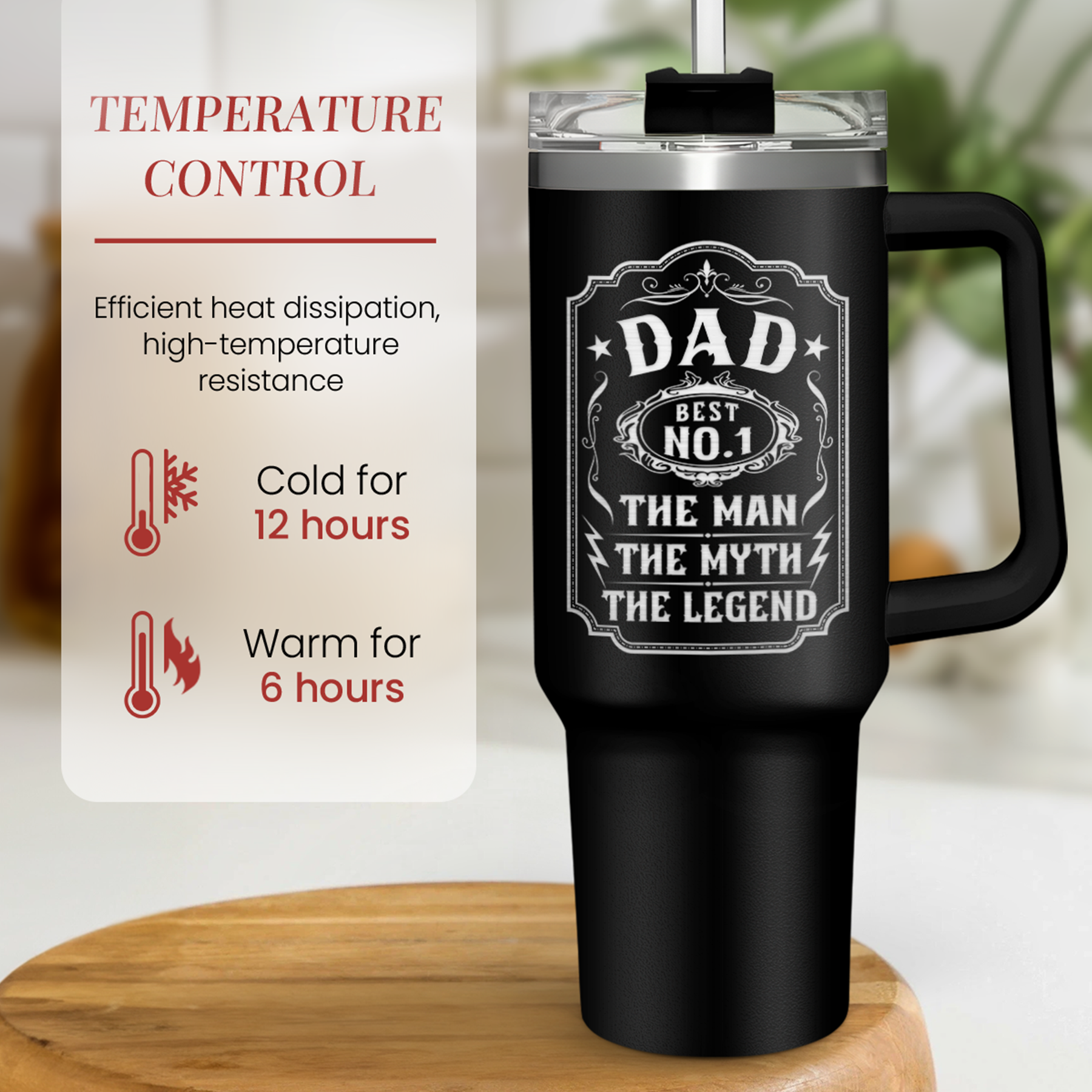 Black 40oz tumbler with handle, lid, and Dad graphic on front