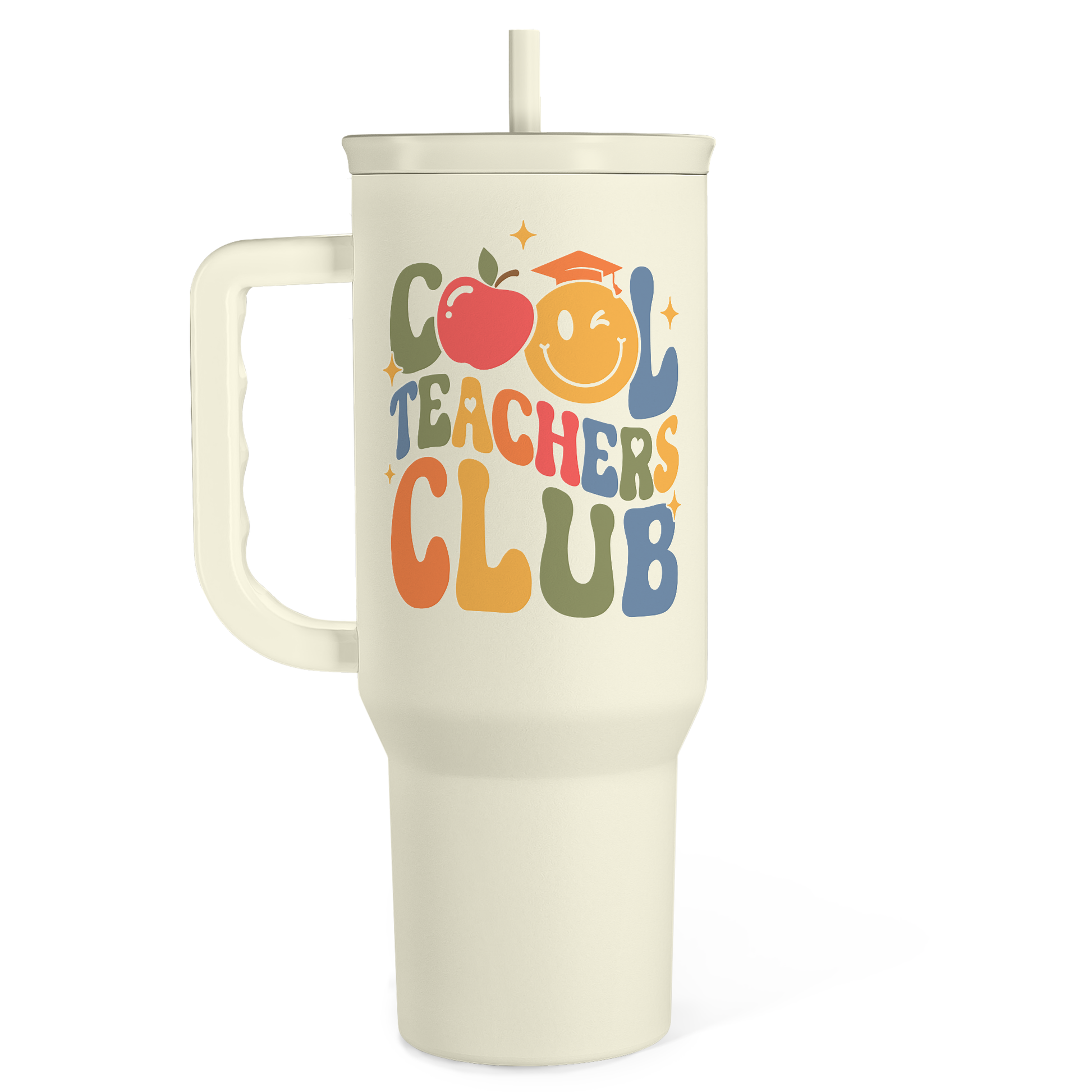 Beige 40oz tumbler with handle and straw, Teachers Club graphic on front