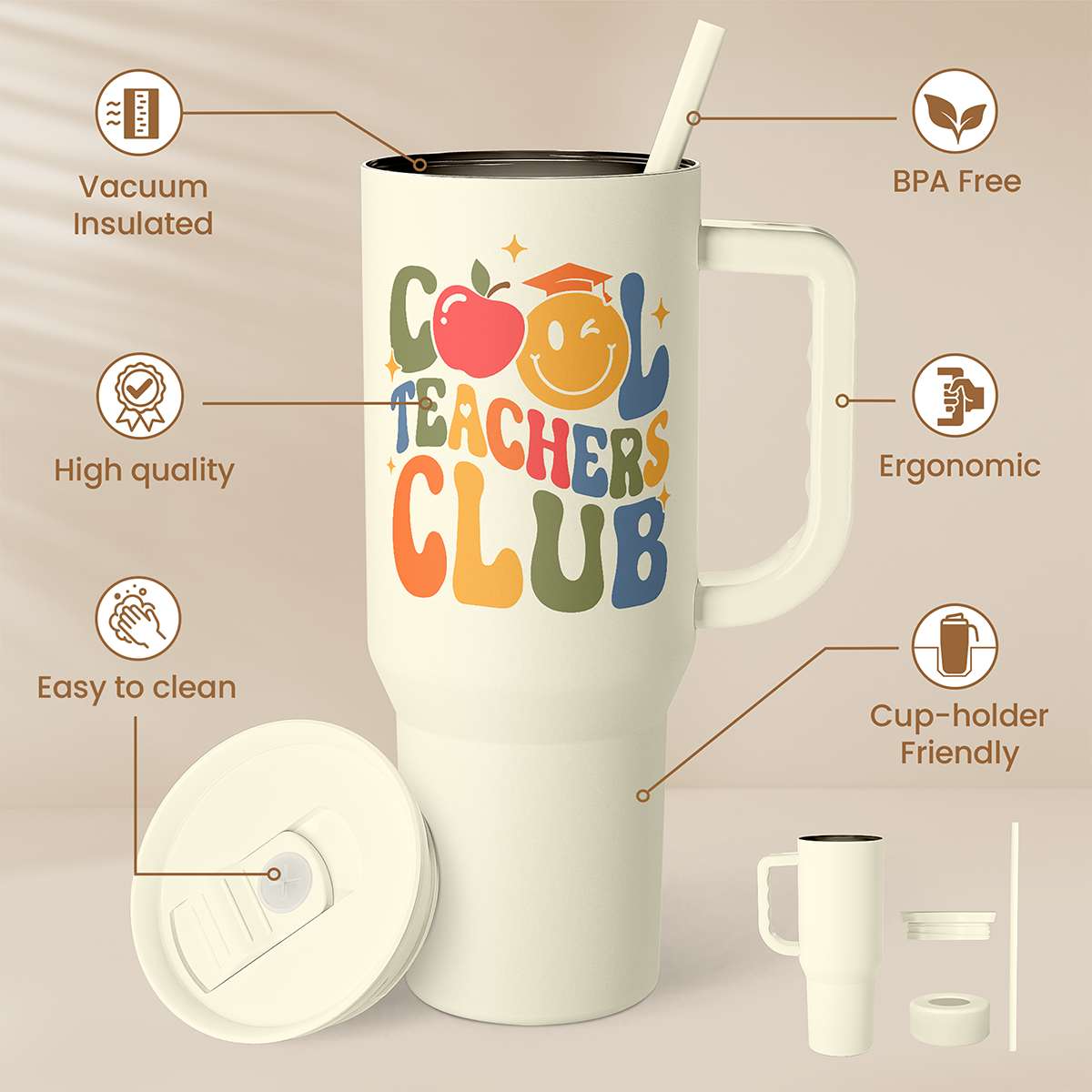 Beige insulated tumbler with handle and straw, Teachers Club graphic and lid details