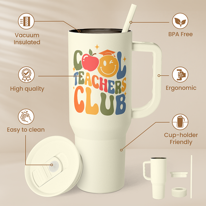 Beige insulated tumbler with handle and straw, Teachers Club graphic and lid details