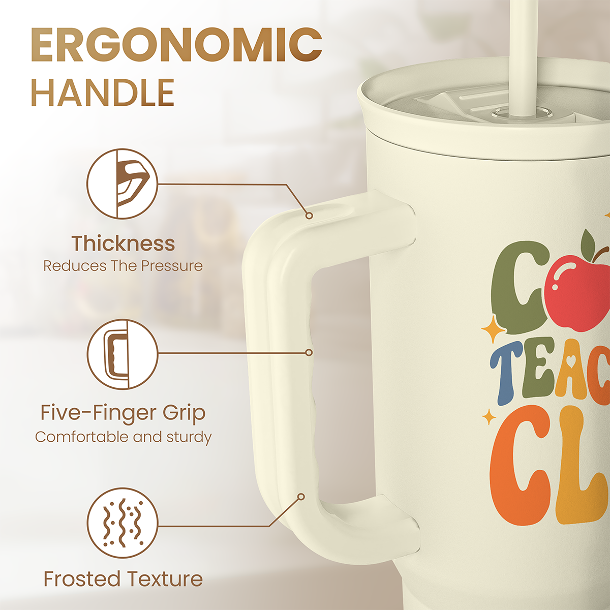 Beige tumbler with ergonomic handle and straw, close-up of Teachers Club design
