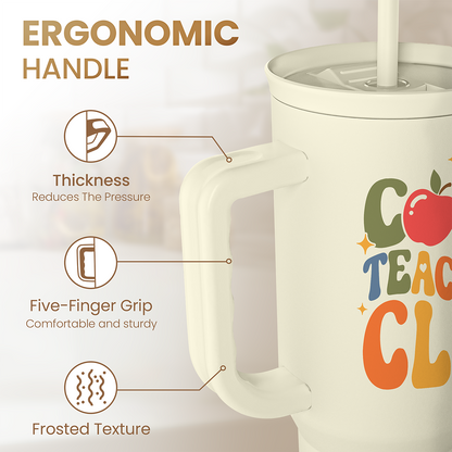 Beige tumbler with ergonomic handle and straw, close-up of Teachers Club design