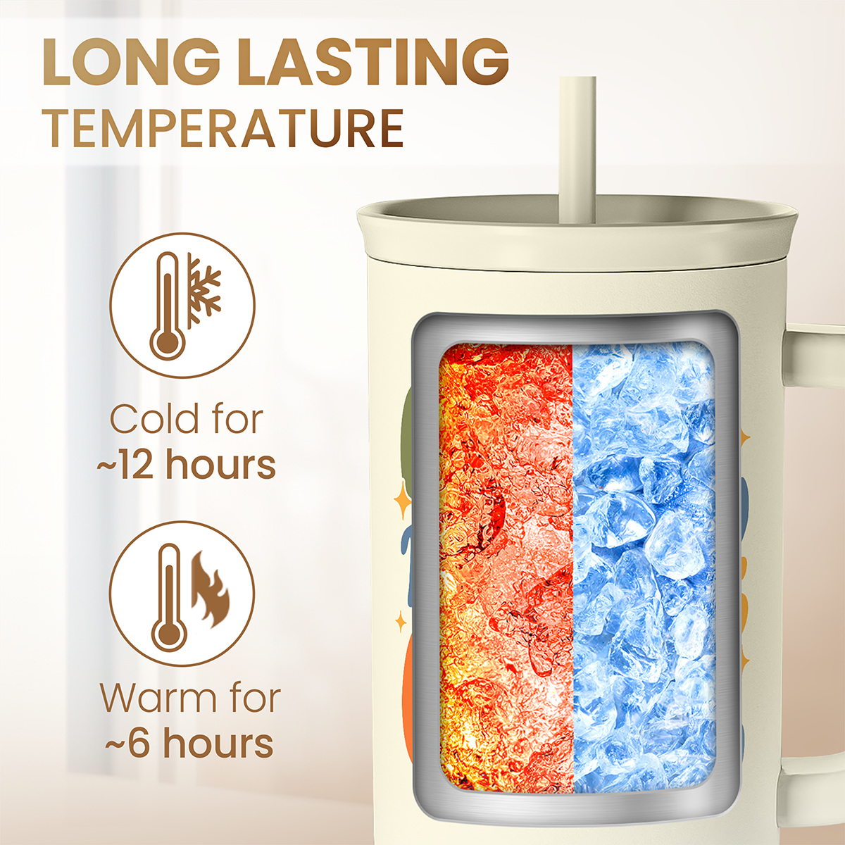 Beige tumbler with handle and straw, interior hot/cold insulation window view