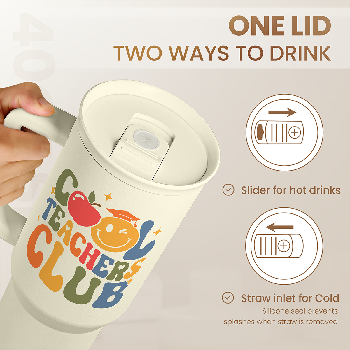 Beige lidded tumbler with sliding top and straw inlet, Teachers Club graphic