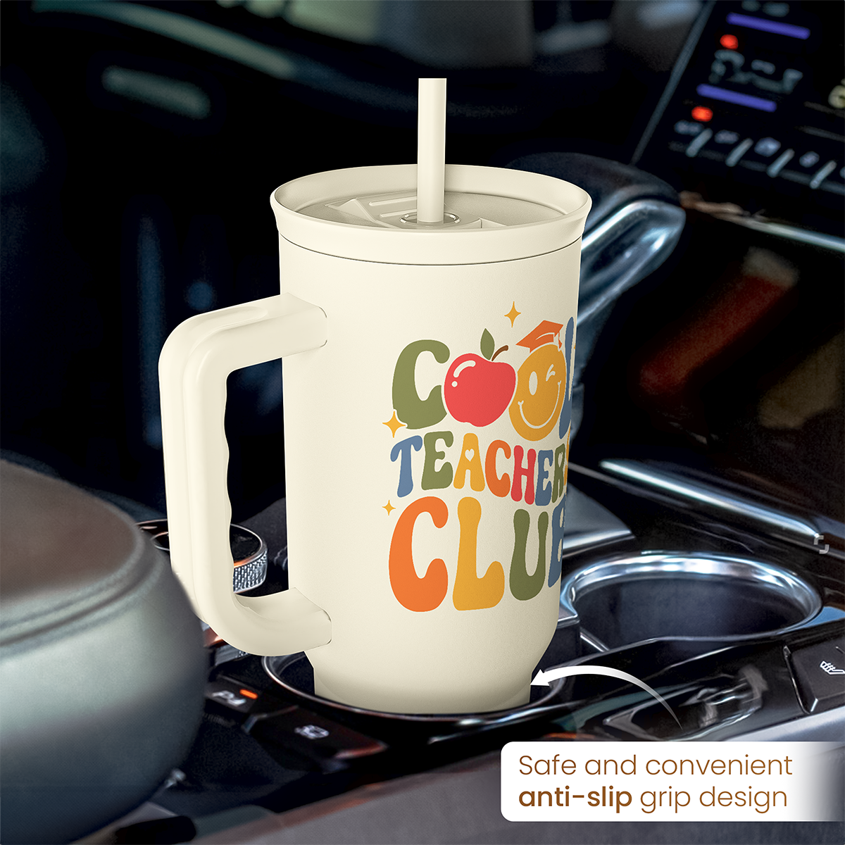 Beige Teachers Club tumbler on stovetop, handle with anti-slip grip design