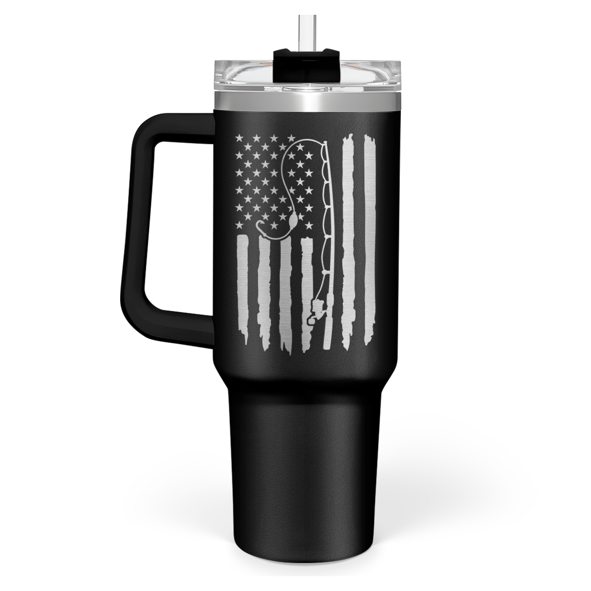 Black 40oz tumbler with handle and patriotic American flag drumstick graphic