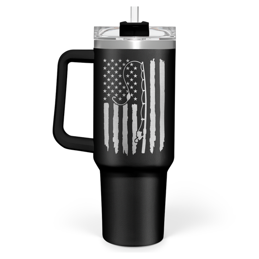 Black 40oz tumbler with handle and patriotic American flag drumstick graphic