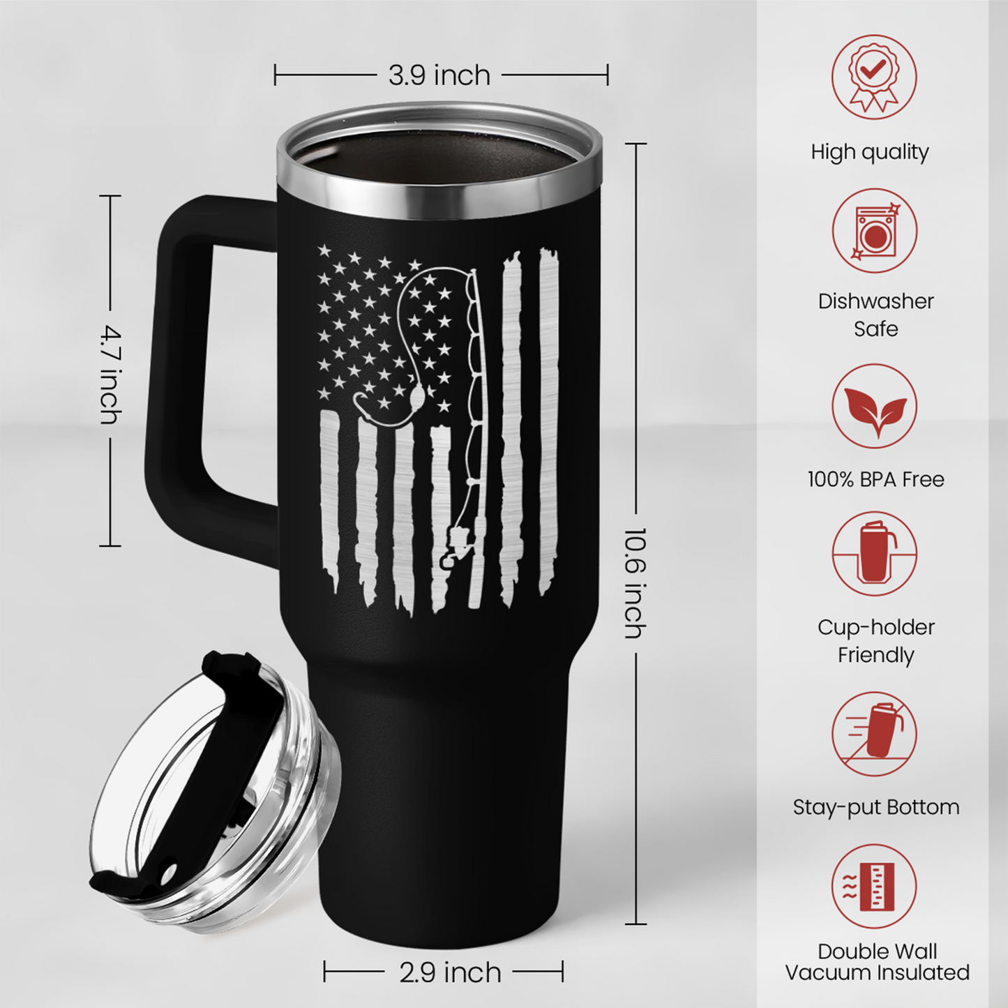 Black 40oz tumbler with handle, clear lid, and metal straw cup opening view