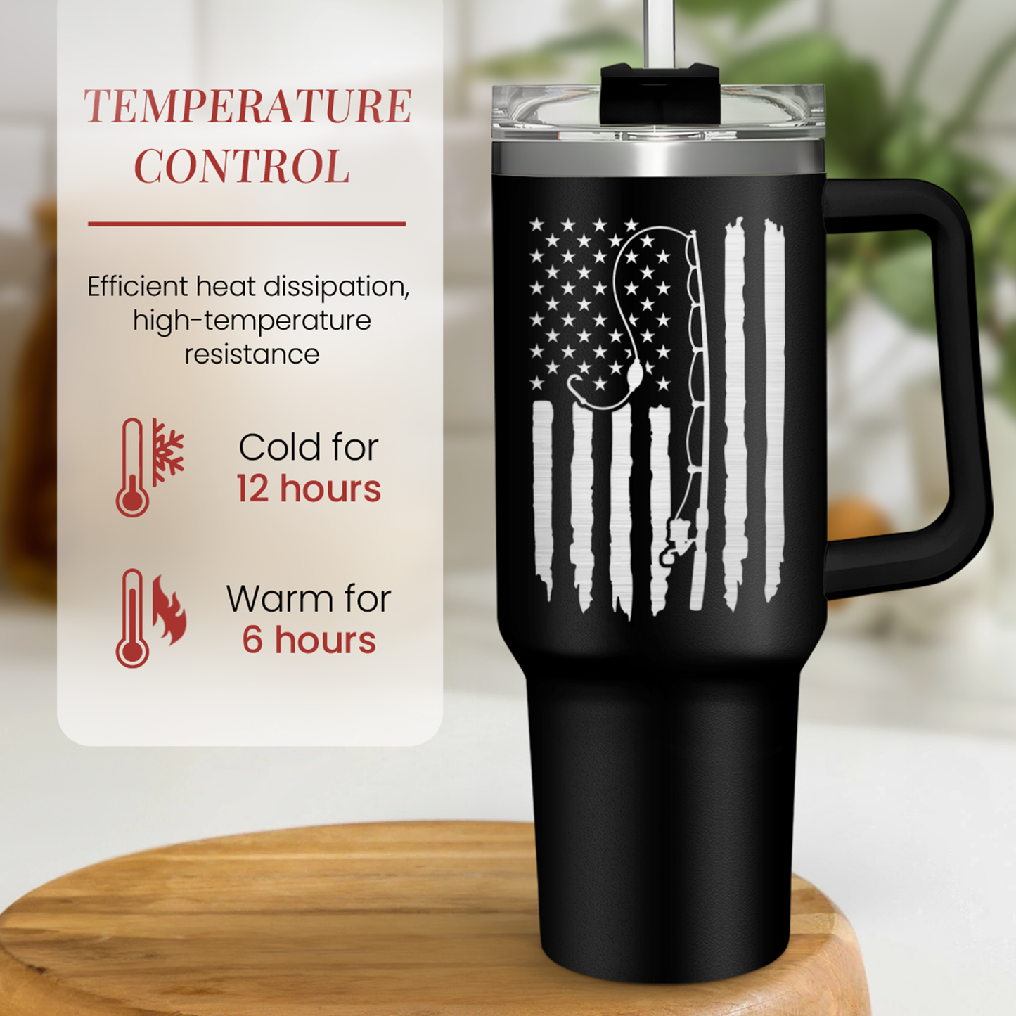 Black 40oz insulated tumbler with handle and patriotic flag design
