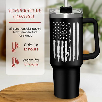 Black 40oz insulated tumbler with handle and patriotic flag design