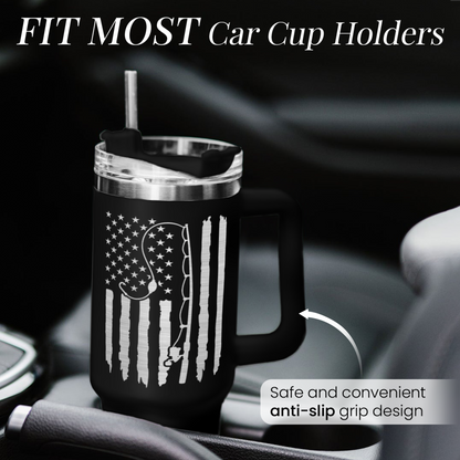 Black 40oz tumbler with handle, held in a car cup holder