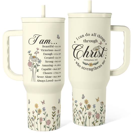 Beige 40oz tumbler set with handle, slide lid, and floral Christian quote graphic.