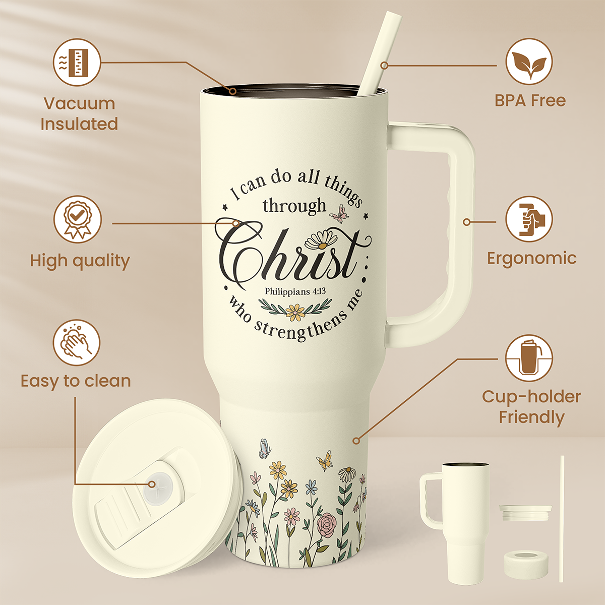 Beige 40oz tumbler with handle and slide lid, floral design and Christian quote.