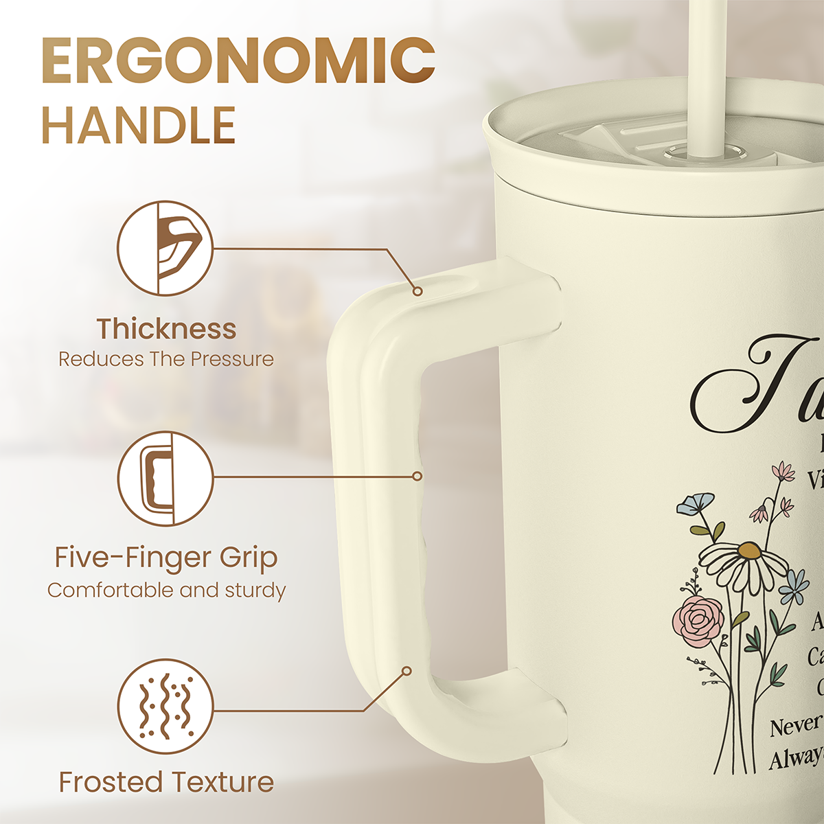 Beige 40oz tumbler with ergonomic handle and frosted slide lid opening.