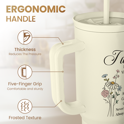 Beige 40oz tumbler with ergonomic handle and frosted slide lid opening.