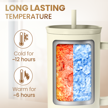 Beige 40oz insulated tumbler with handle, clear window showing hot and cold.