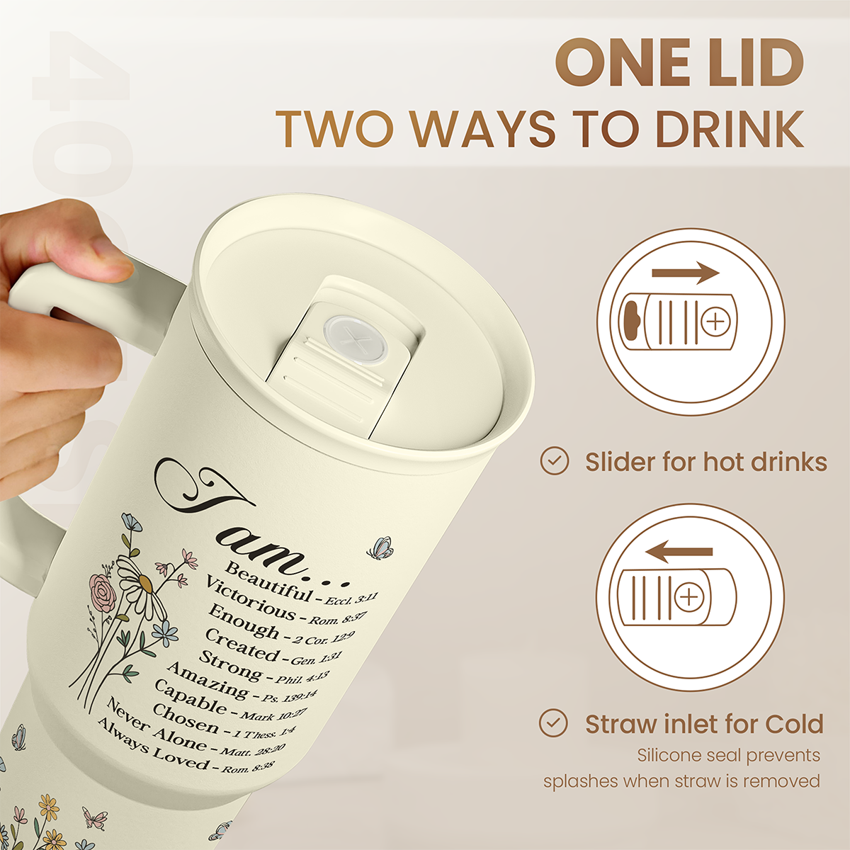 Beige 40oz tumbler lid with slider for hot drinks and straw inlet for cold.