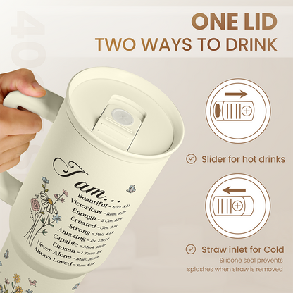 Beige 40oz tumbler lid with slider for hot drinks and straw inlet for cold.