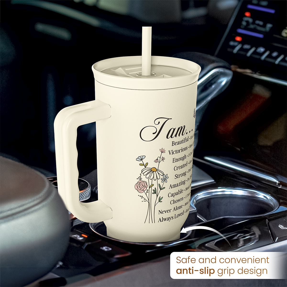 Beige 40oz tumbler with handle on a car cupholder; anti-slip grip design.