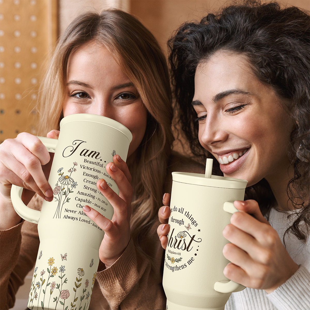 Beige 40oz tumbler with handle; two women sipping through straw with floral design.