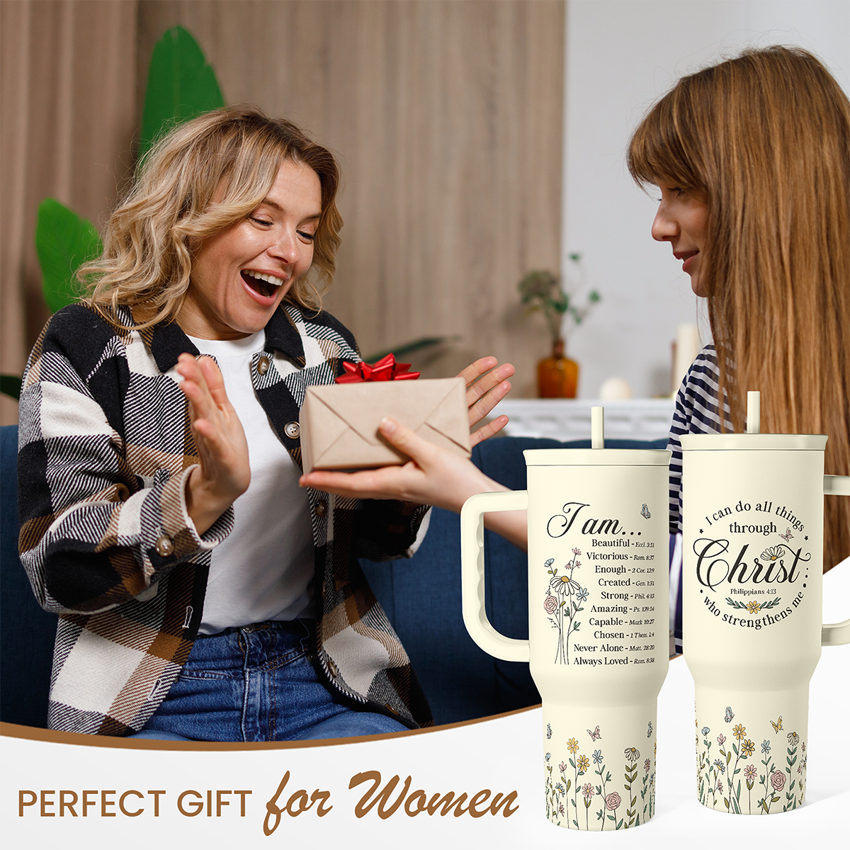 Beige 40oz tumbler with handle and floral Christian design on table, ready to gift.